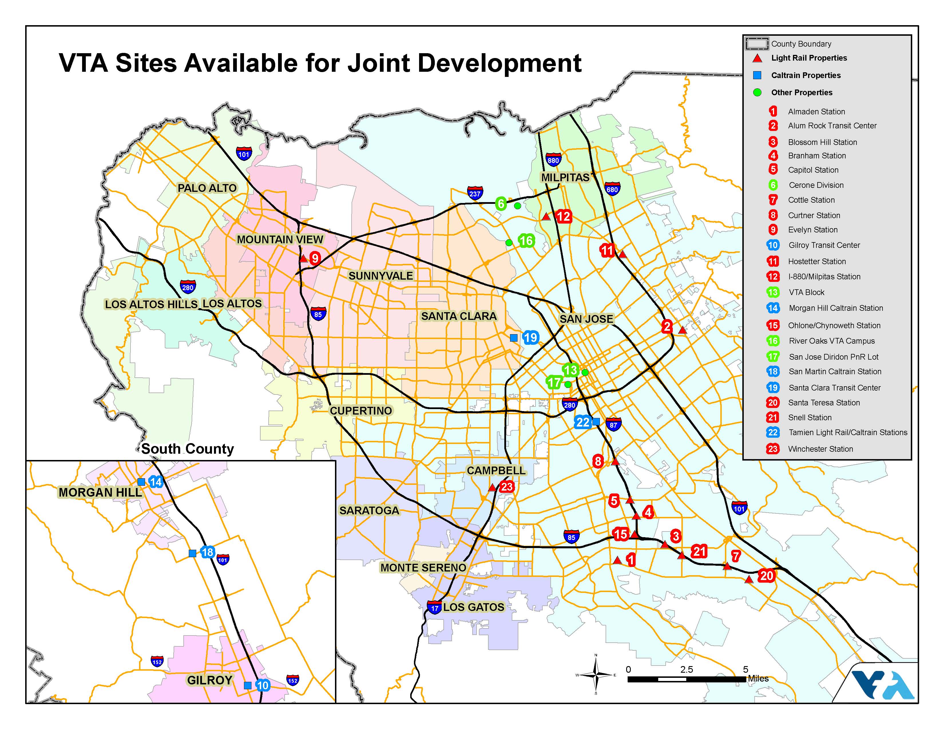 Map of all properties in santa clara county available for joint developement with vta